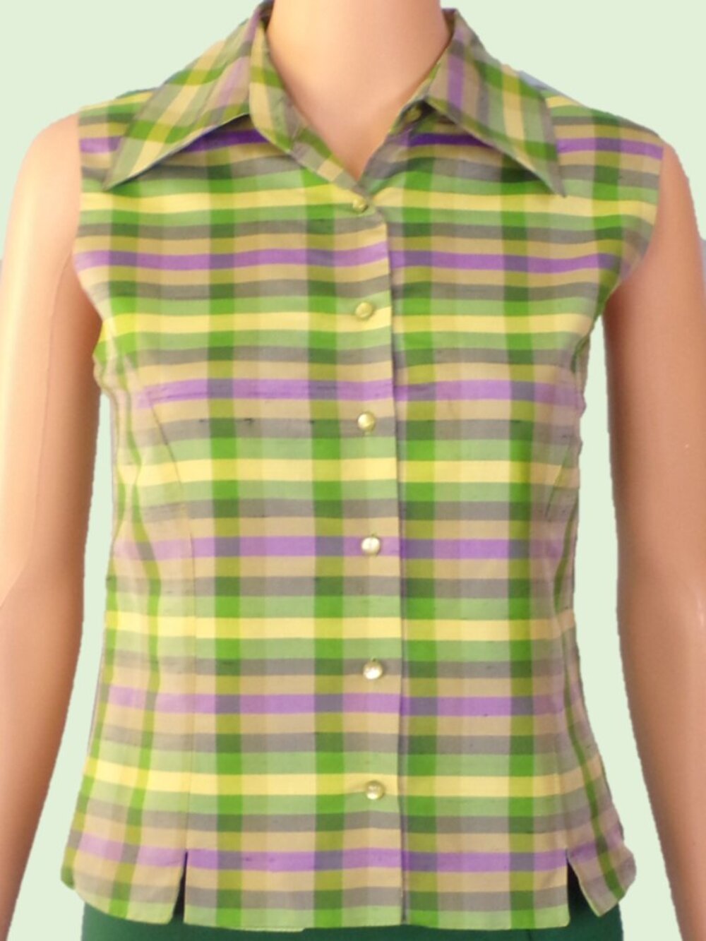 SILK! ICE size S green/yellow/purple/gray plaid sleeveless blouse 100% silk